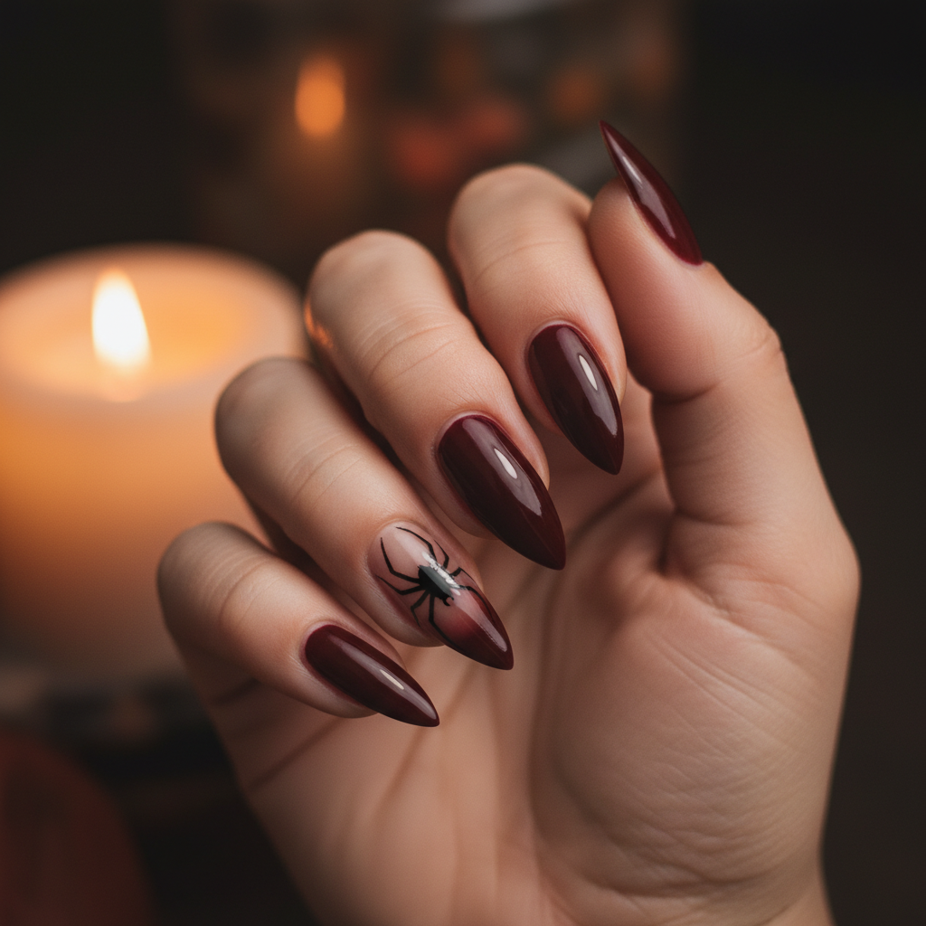 Halloween Long Stiletto Nails in Mob-wife Dark Cherry Oxblood With Han