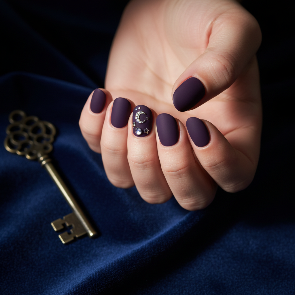 Halloween Short Oval Nails in Deep Purple Matte With Tiny 3D Crystal m