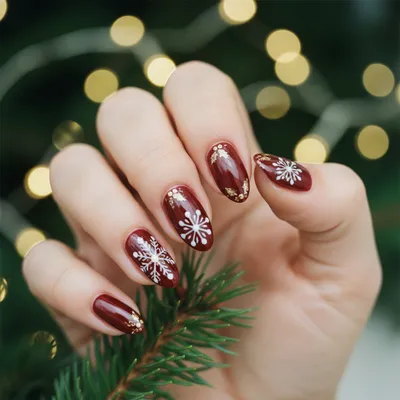 Christmas Long Almond Nails in Deep Burgundy Red With Hand-painted Whi