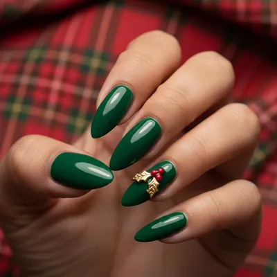 Christmas Long Stiletto Nails in Glossy Hunter Green With Tiny 3D Gold