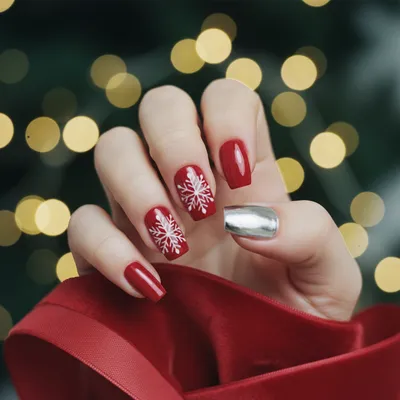 Christmas Short Coffin Nails in Glossy Classic Red With Hand-painted w