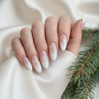 Christmas Baby-boomer Snowflake Ombré Long Almond Nails — Nude Fading