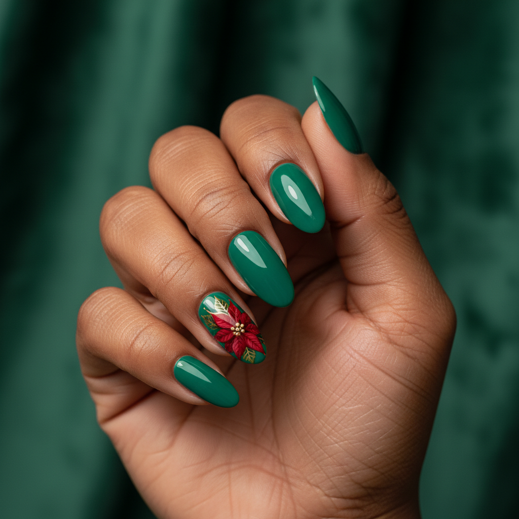 Christmas Hand-painted Floral Poinsettia Accent Long Oval Nails — Sing