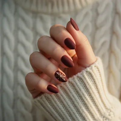 Christmas Matte Deep Burgundy Short Almond Nails With Hand-painted Gol