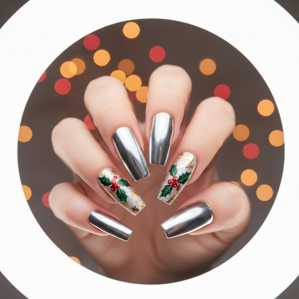 Christmas Chrome Silver Long Coffin Nails With Hand-painted Red Holly