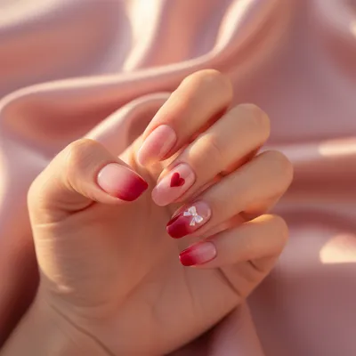 Valentines Pink-to-red Ombré Short Almond Nails With Single Hand-paint