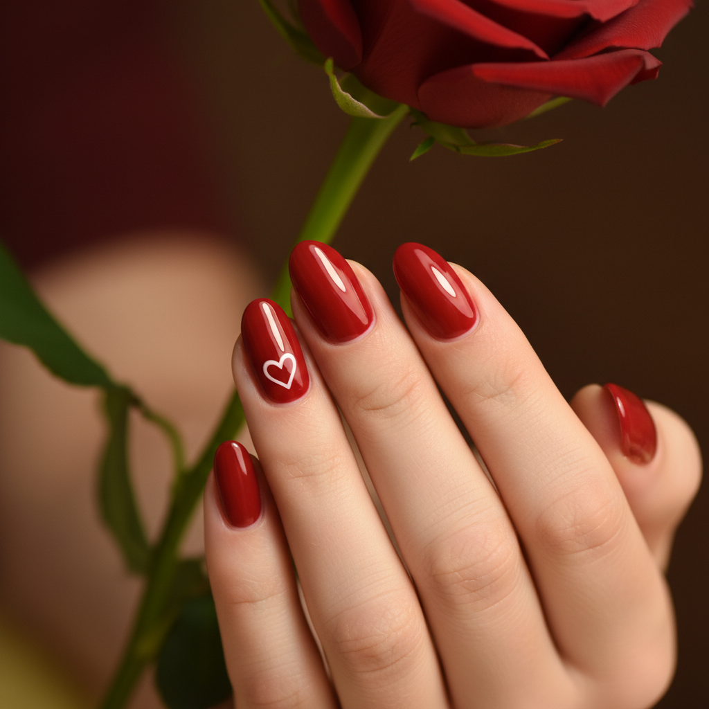 Valentines Glossy Classic Red Oval Nails With Hand-painted White Heart