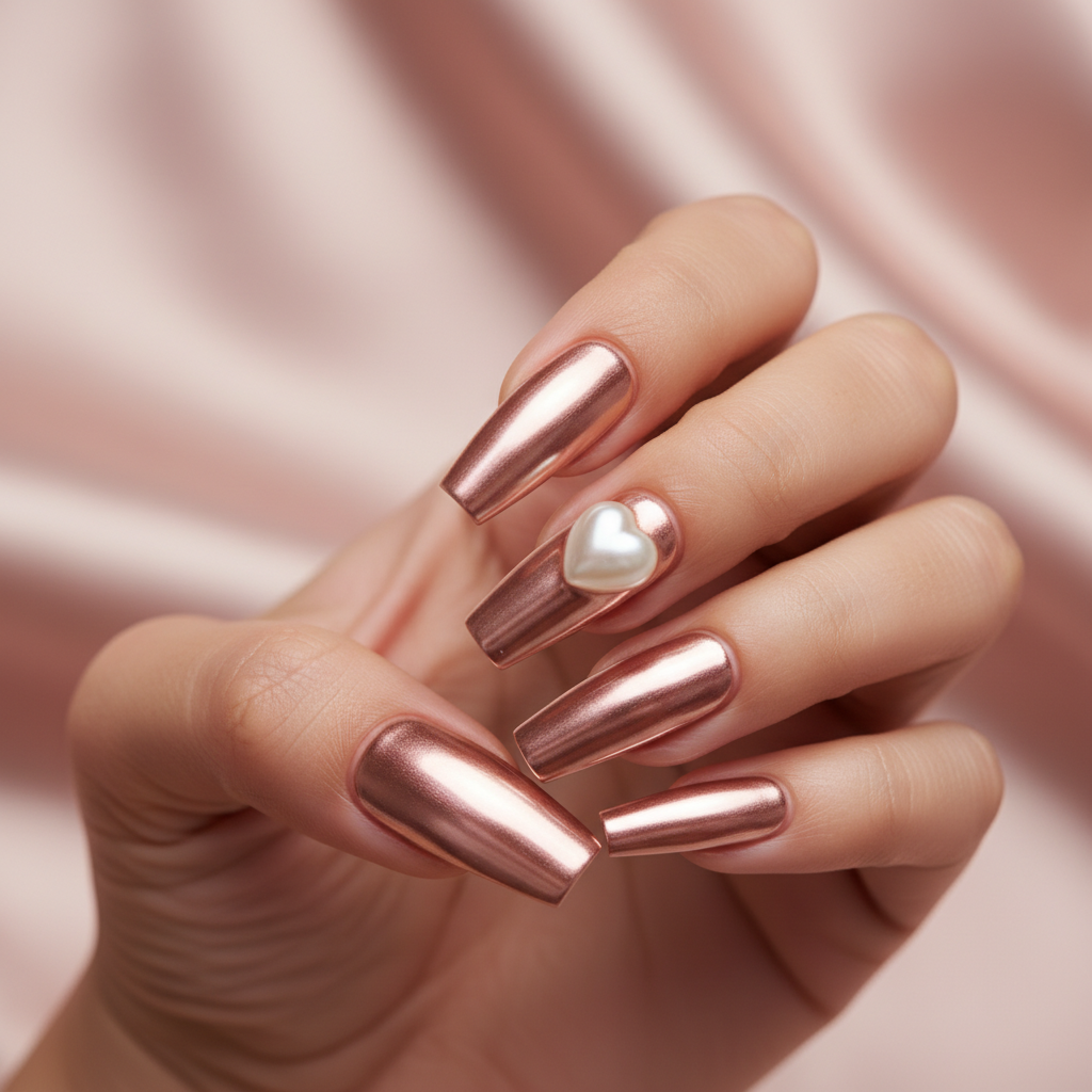 Valentines Rose-gold Chrome Long Coffin Nails With a Single 3D Pearl h