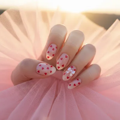 Valentines Coquette Milky-pink Short Almond Nails With Tiny Hand-paint