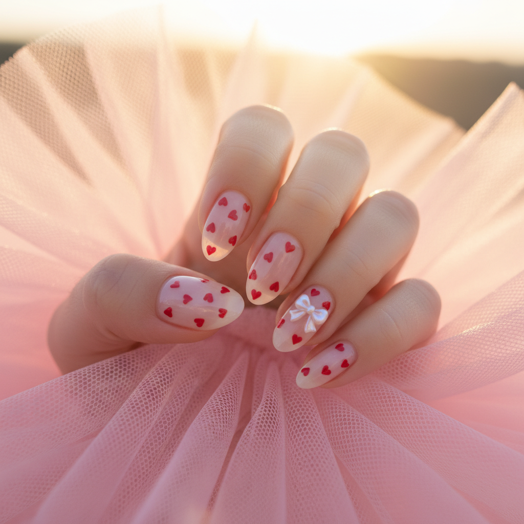 Valentines Coquette Milky-pink Short Almond Nails With Tiny Hand-paint