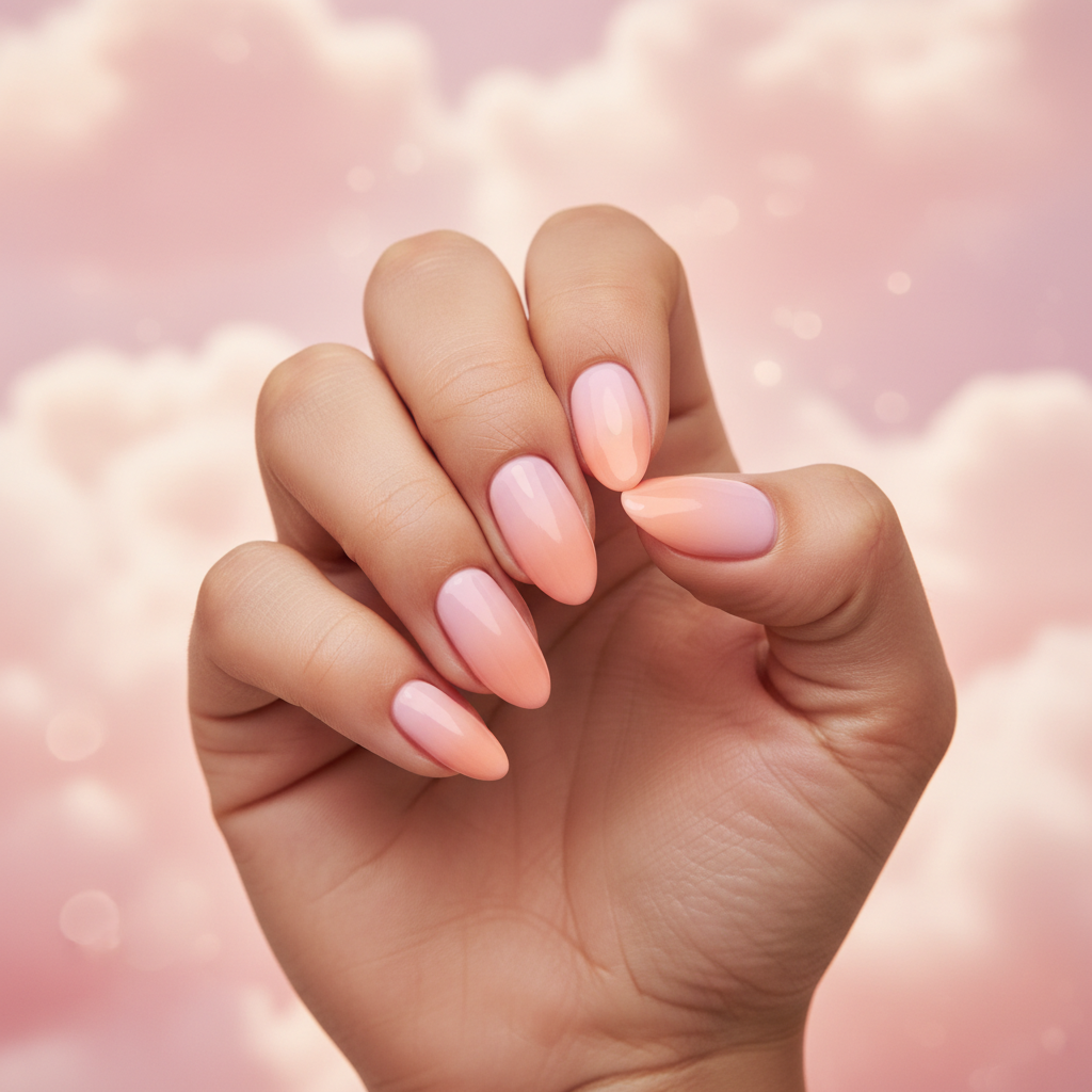 Vertical Pink-to-peach Sunset Ombré Almond Nails