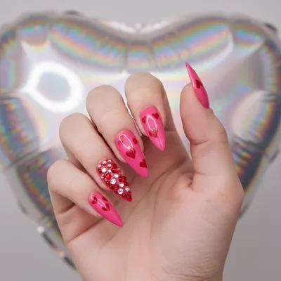 Valentines Hot-pink Y2k Stiletto Nails With Hand-painted Red Hearts an