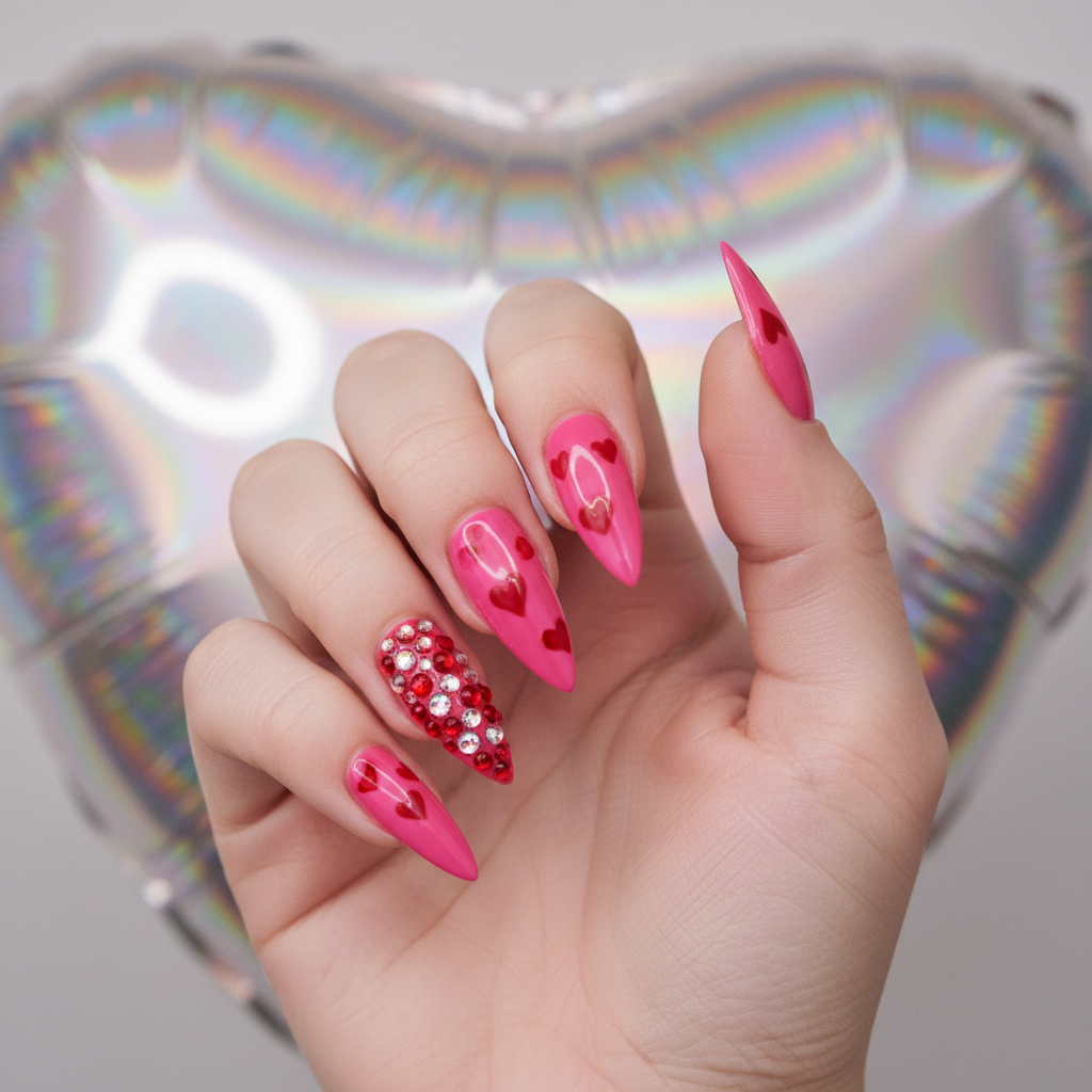 Valentines Hot-pink Y2k Stiletto Nails With Hand-painted Red Hearts an