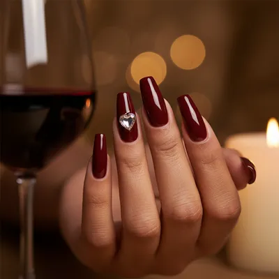 Valentines Glossy Oxblood Long Coffin Nails — Single 3D Rhinestone Hea