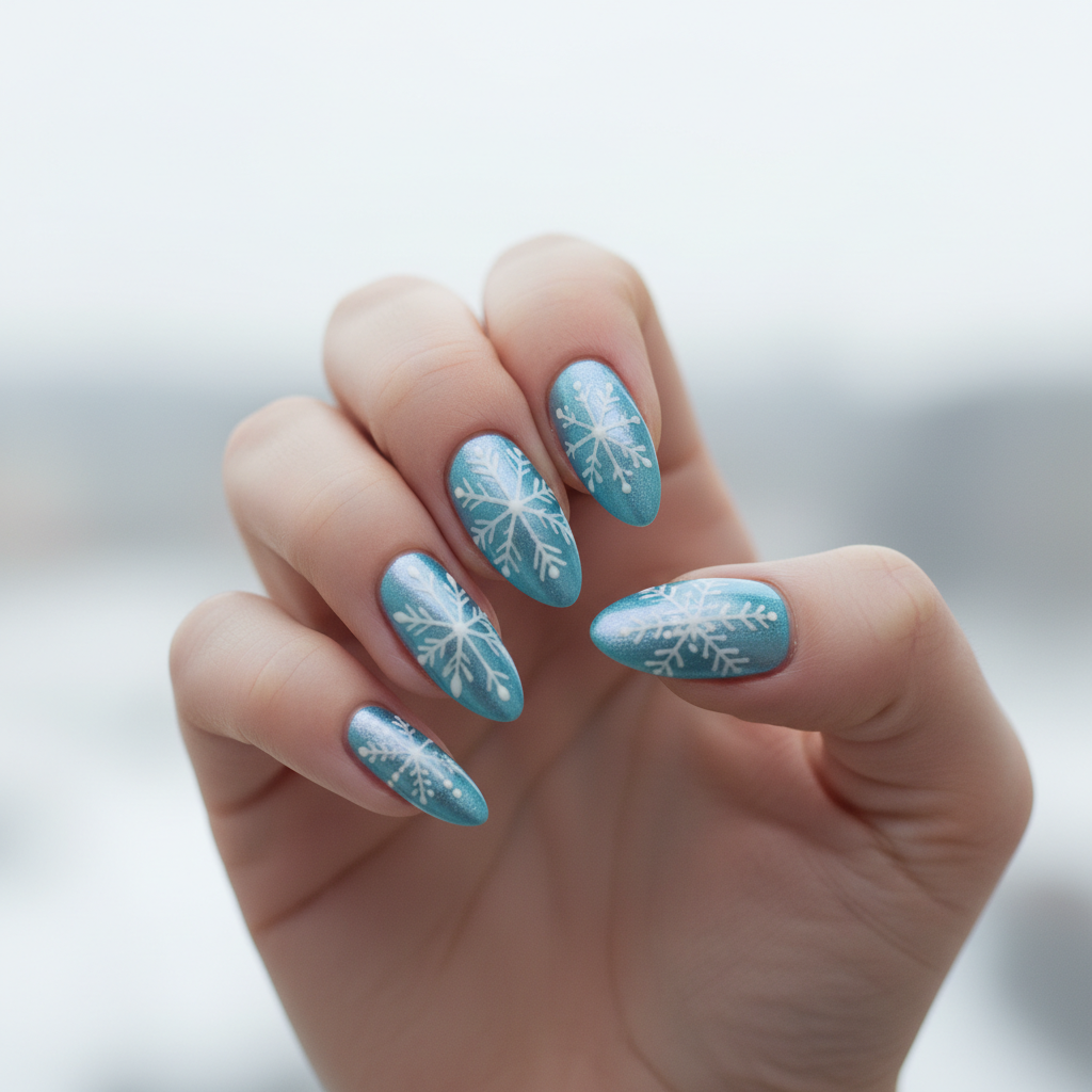 Winter Icy-blue Chrome Long Almond Nails With Hand-painted White Snowf