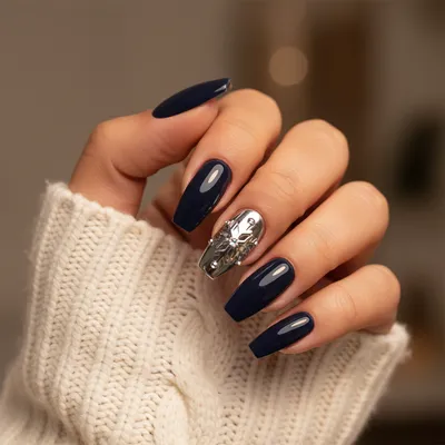 Winter Deep Navy Long Coffin Nails With Silver Chrome Snowflake-accent