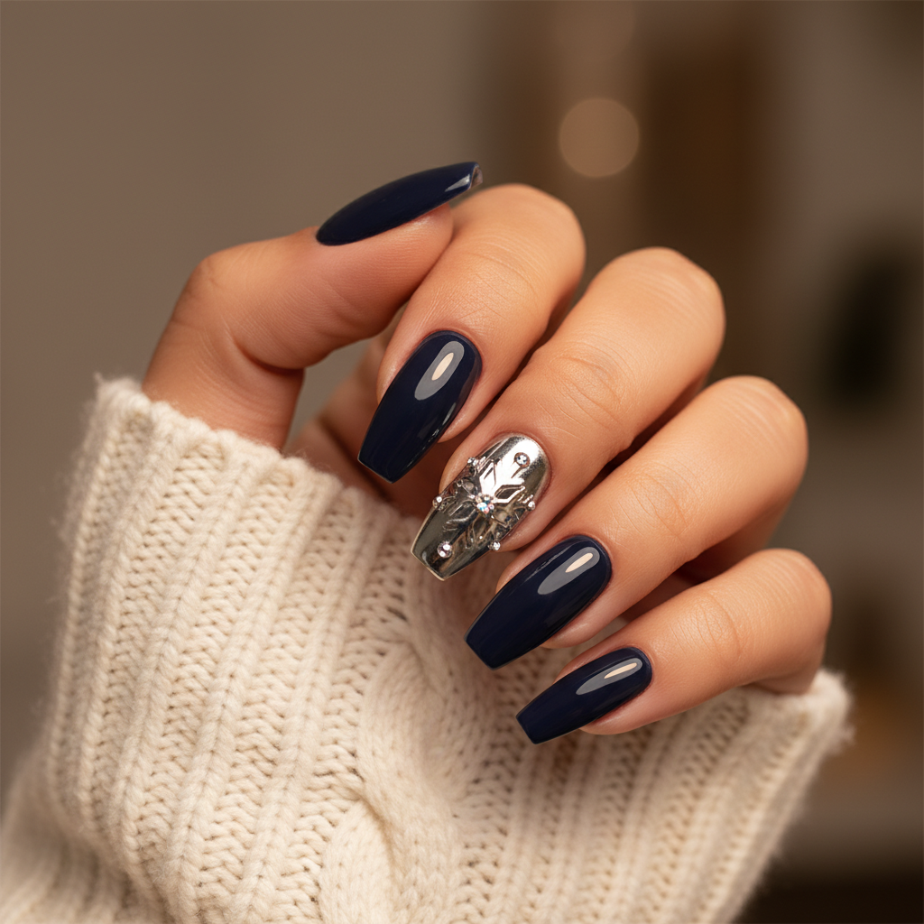 Winter Deep Navy Long Coffin Nails With Silver Chrome Snowflake-accent