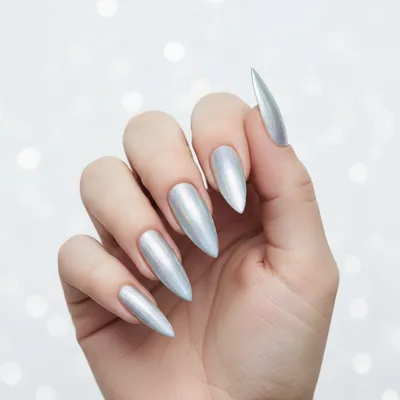 Winter Silver Holographic Long Stiletto Nails — Sharp Icy Prismatic sh