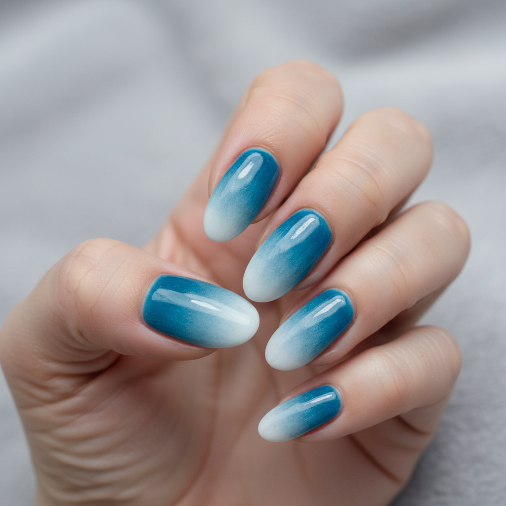 Winter Ombré Icy-blue-to-white Long Oval Nails — Frosty Gradient