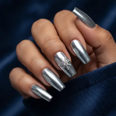 Winter Chrome Silver Long Coffin Nails With Tiny 3D Rhinestone Snowfla