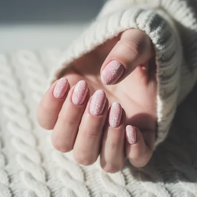 Winter Pastel-pink Short Almond Nails With Hand-painted White Snowflak