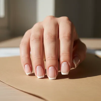 Micro-French Squoval — Barely-there White Tip on Sheer Pearl Base