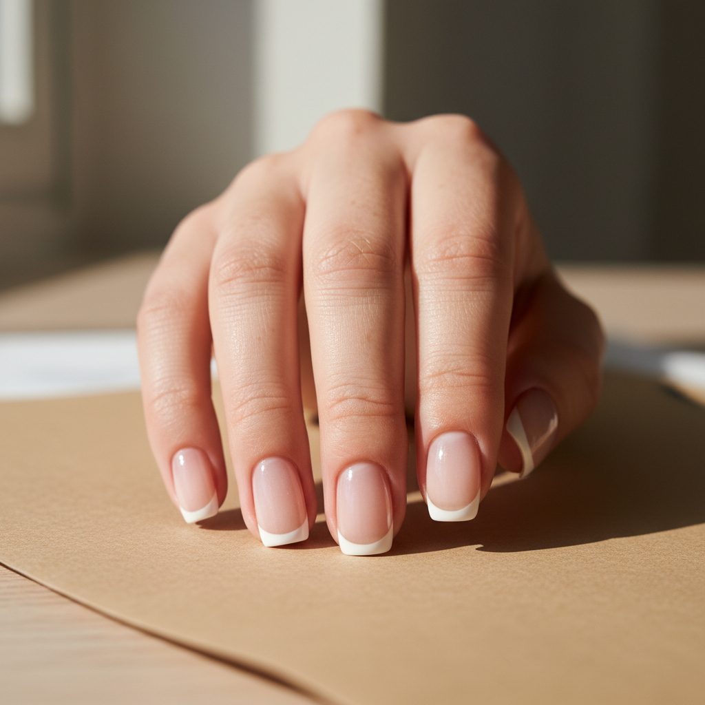 Micro-French Squoval — Barely-there White Tip on Sheer Pearl Base