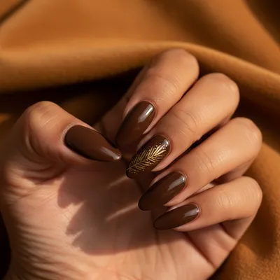 Winter Chocolate Brown Long Almond Nails With Single Hand-painted Gold