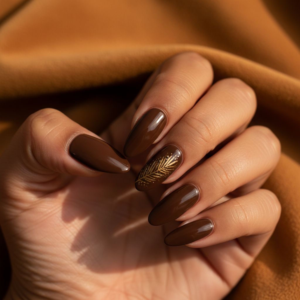 Winter Chocolate Brown Long Almond Nails With Single Hand-painted Gold