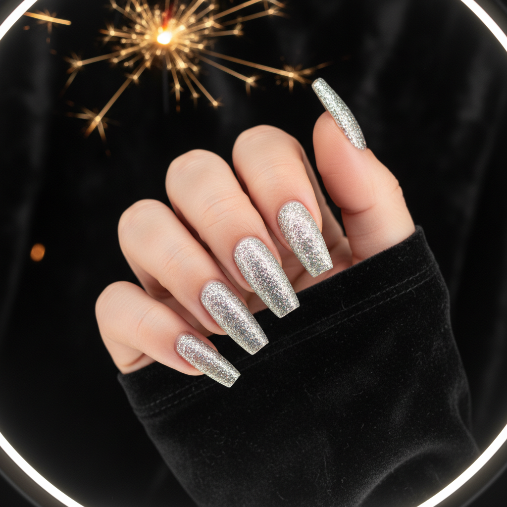 New Year's Eve Full-coverage Silver Glitter-bomb Extra-long Coffin Nai