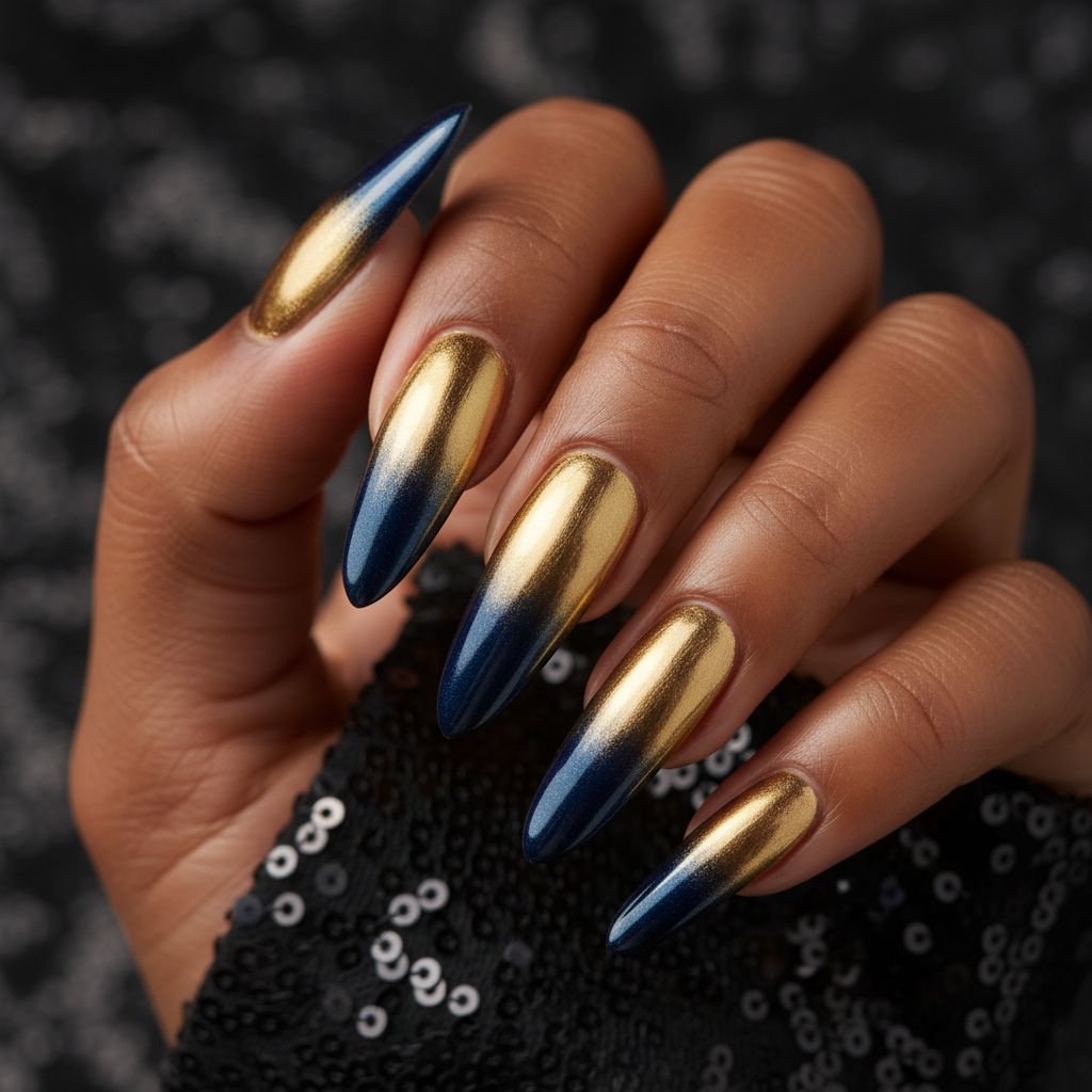 New Year's Eve Gold Chrome Ombré Extra-long Stiletto Nails Fading to m