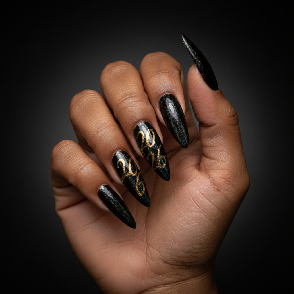 New Year's Eve Black-base Holographic Extra-long Stiletto Nails With h