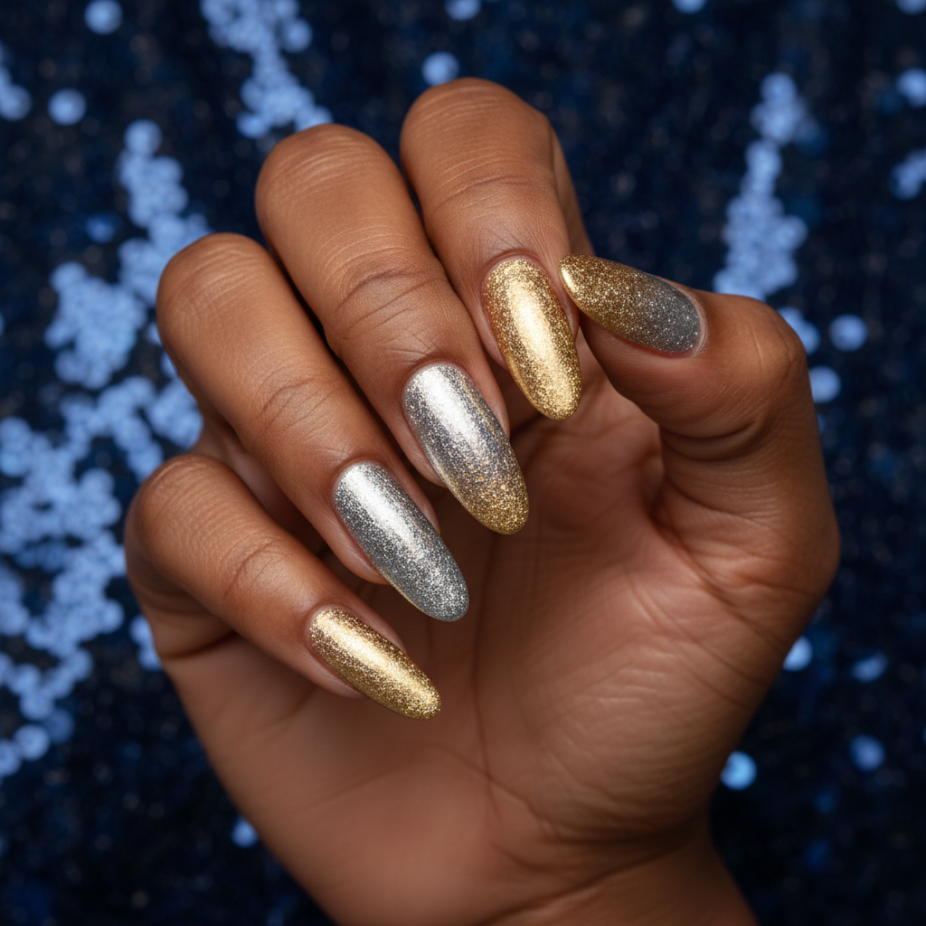 New Year's Eve Mirror Chrome Ombré Silver-to-gold Long Almond Nails —
