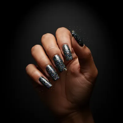 Long Square Nails in Black With Dense Holographic Glitter