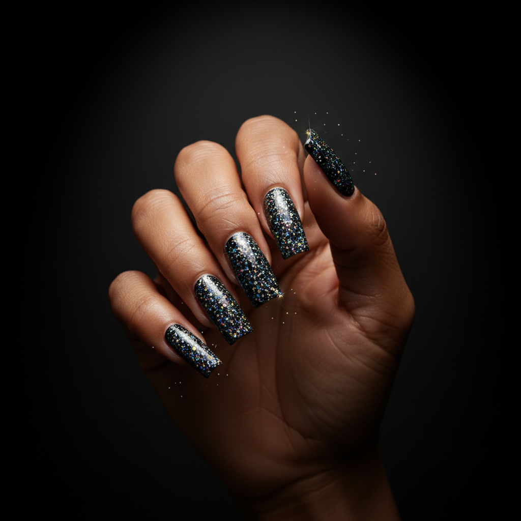 Long Square Nails in Black With Dense Holographic Glitter