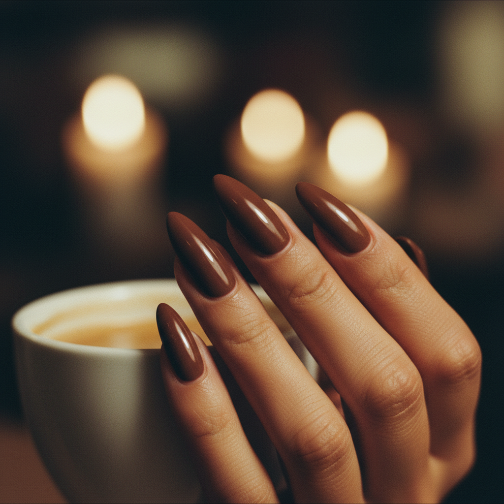 Date-night Chocolate Brown Long Almond Nails