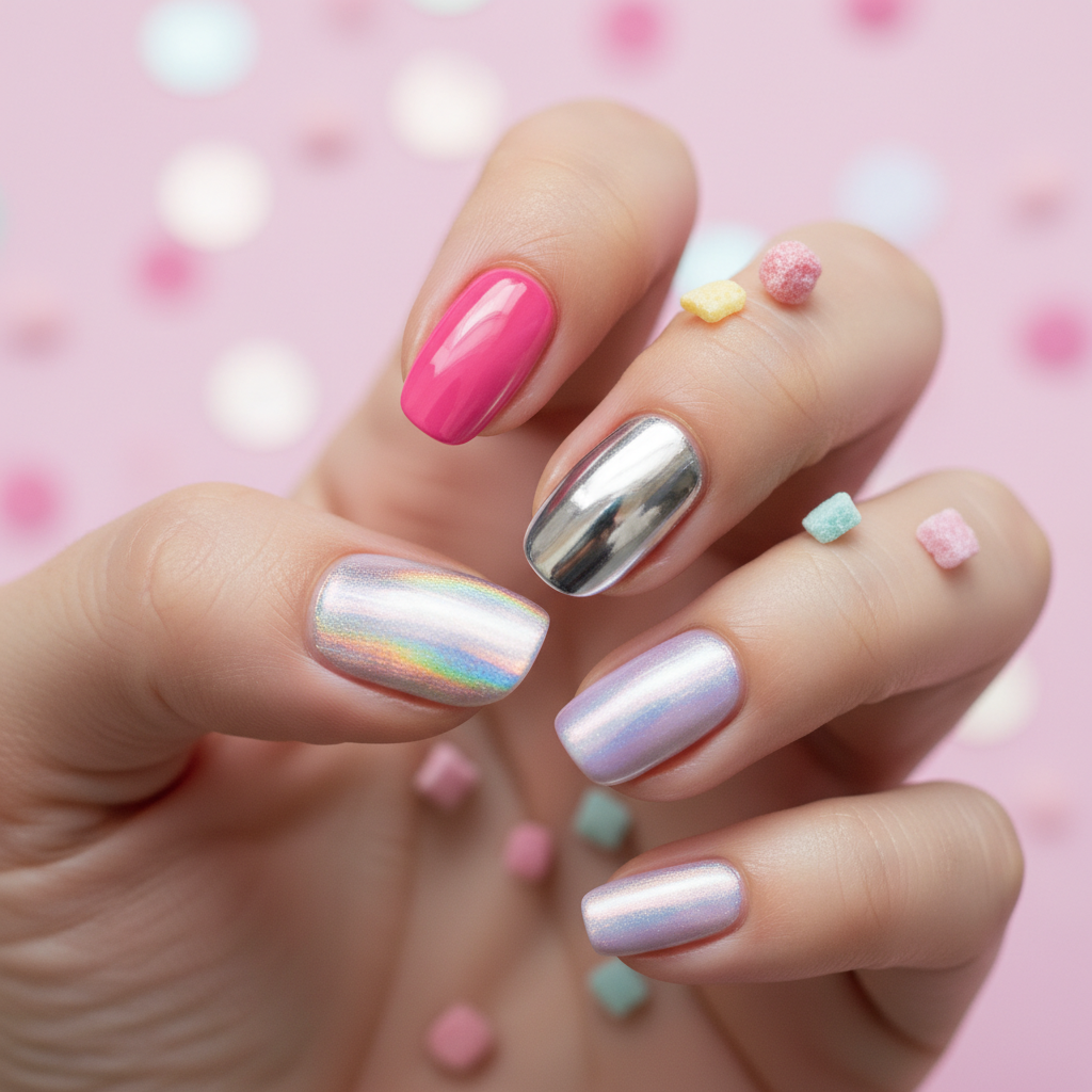 Birthday Confetti Skittles Short Almond Nails — One Finger Holographic