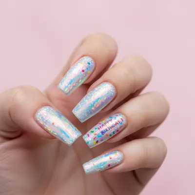 Birthday Holographic Long Coffin Nails With Hand-painted Happy Birthda