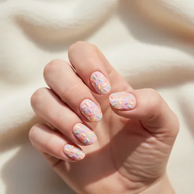 Birthday Pastel-pink Milky Short Oval Nails With Hand-painted Tiny Rai