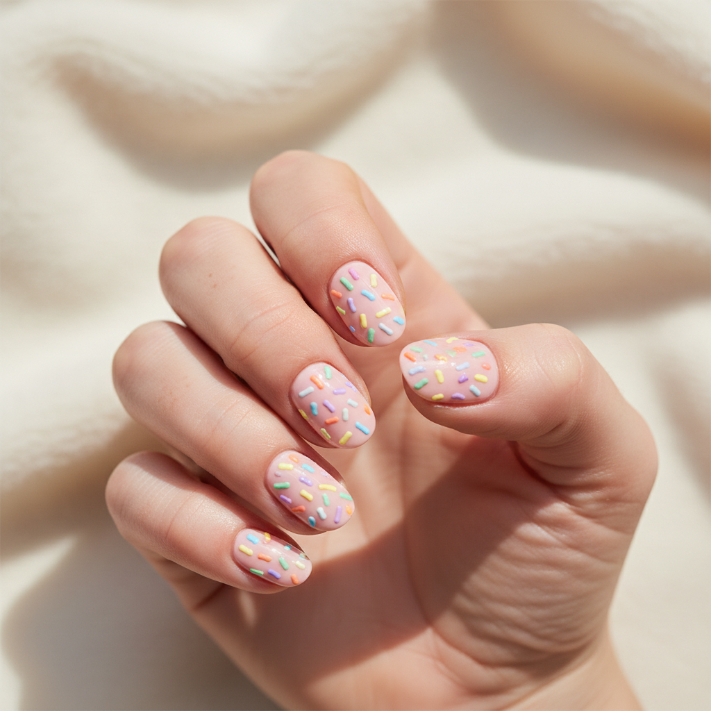 Birthday Pastel-pink Milky Short Oval Nails With Hand-painted Tiny Rai