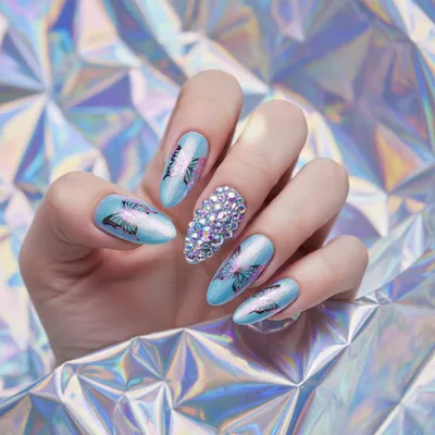 Birthday Y2k Butterfly Long Almond Nails on a Holographic Baby-blue ba