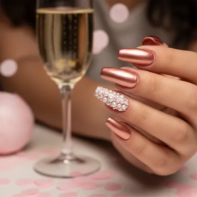 Birthday Rose-gold Chrome Long Coffin Nails With 3D Pearl Confetti Clu