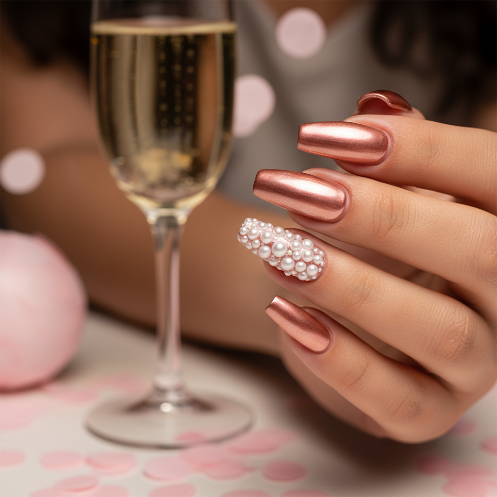 Birthday Rose-gold Chrome Long Coffin Nails With 3D Pearl Confetti Clu