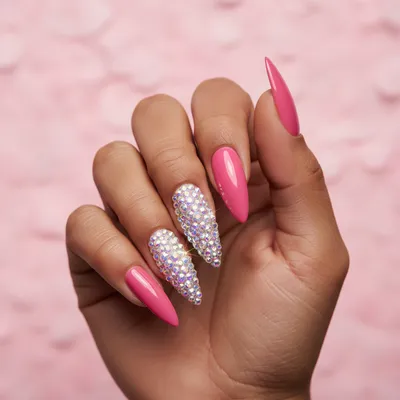 Birthday Glamour Long Stiletto Nails With Full Rhinestone Cluster on t