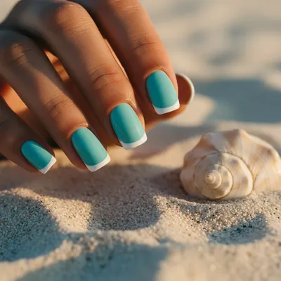 Beach Short Squoval Nails in Sea-glass Turquoise With a Clean White fr