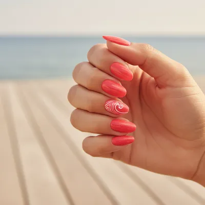 Beach Long Oval Nails in Glossy Bright Coral With Hand-painted White w
