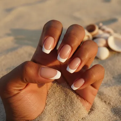 Beach Short Almond Nails in Chalk-white French on a Tanned Base