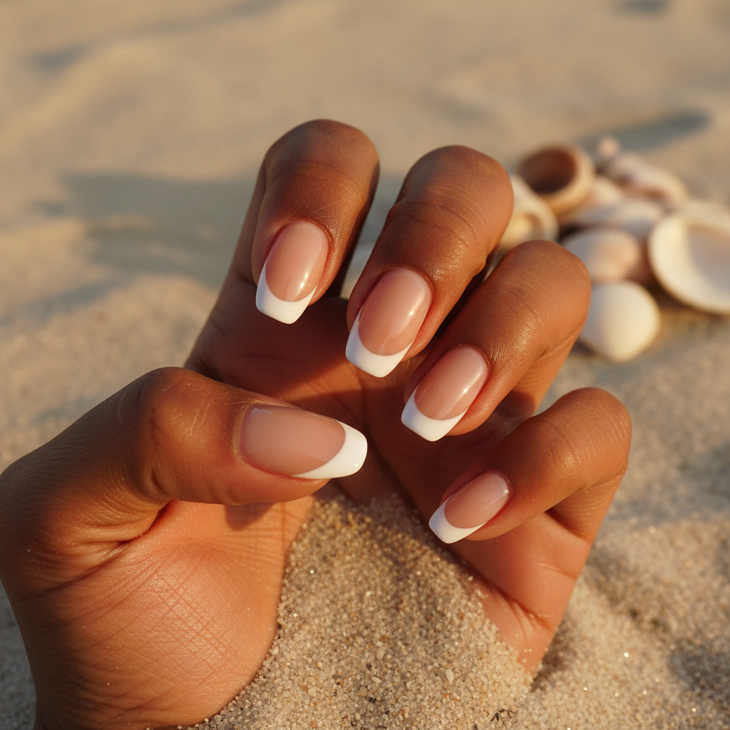 Beach Short Almond Nails in Chalk-white French on a Tanned Base