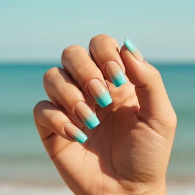 Beach Long Squoval Nails in Turquoise-to-aqua Ombré