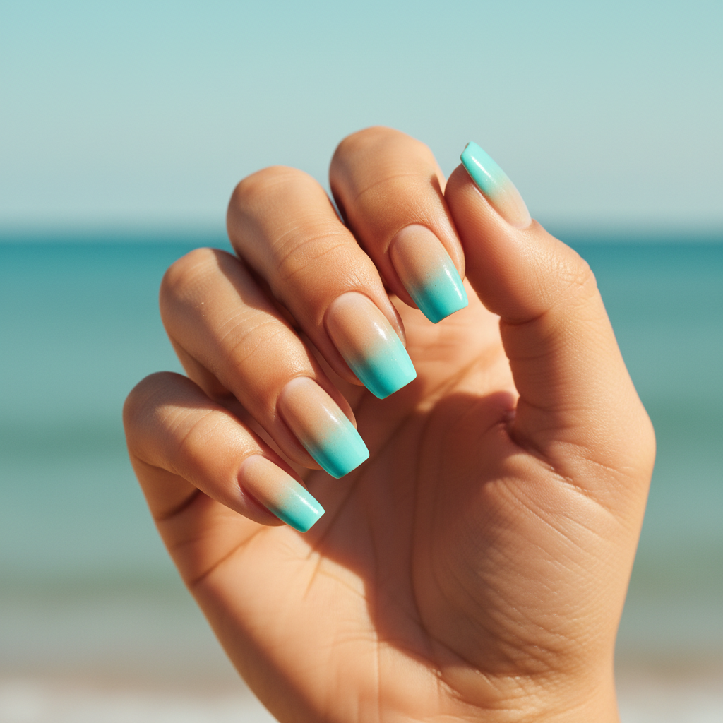 Beach Long Squoval Nails in Turquoise-to-aqua Ombré